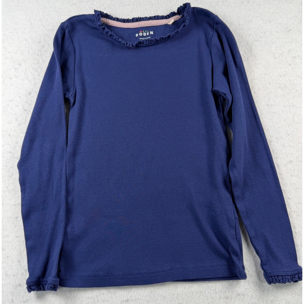 Mini Boden Girls Navy Blue Ribbed Long Sleeve Picot Trim Top Size 9-10 Yrs